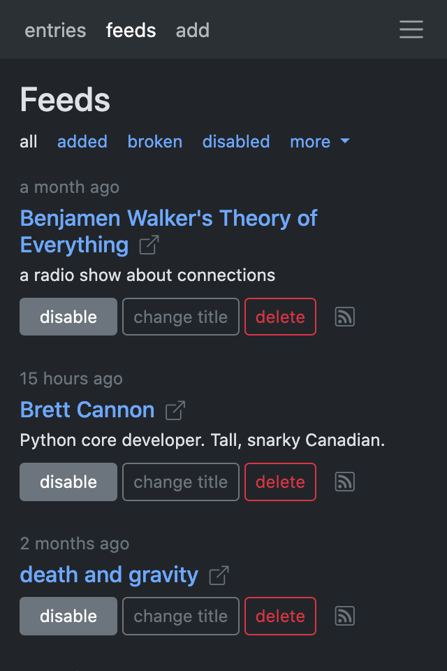 feeds page (dark mode)